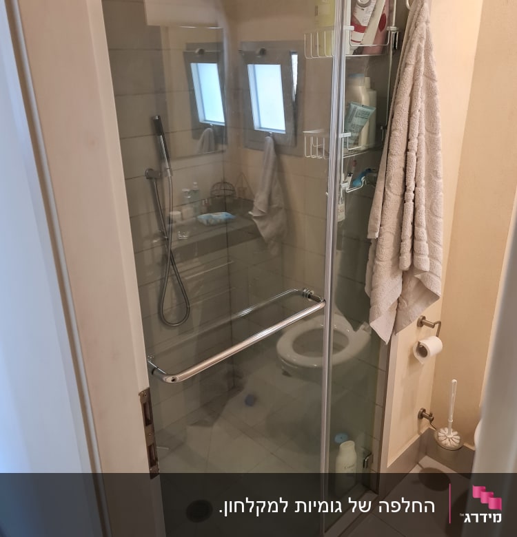 מקלחת עם דלת זכוכית, מדף עם מוצרי טיפוח